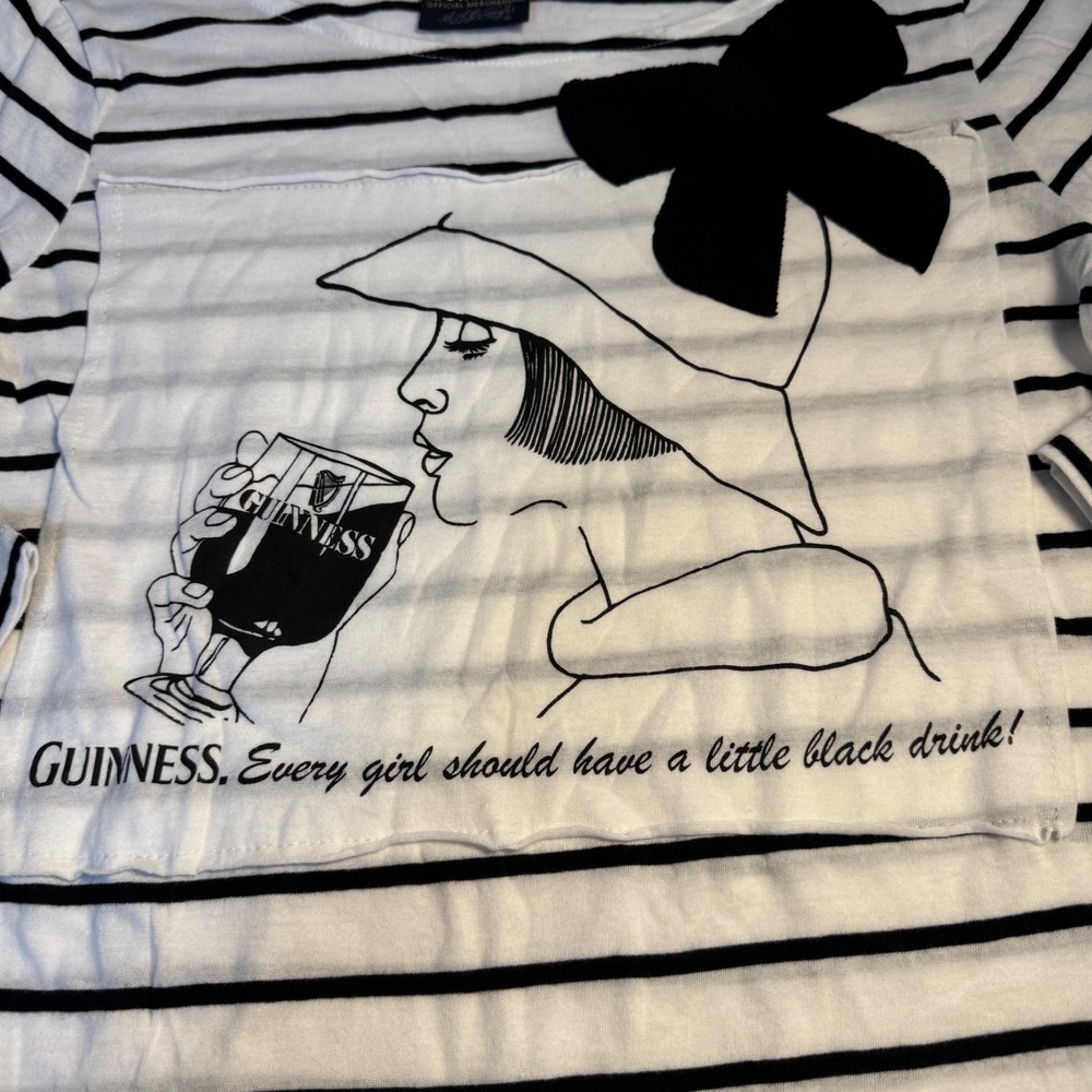 Guinness Striped Graphic Top Black White Bow Accent 3/4 Sleeve Women Small